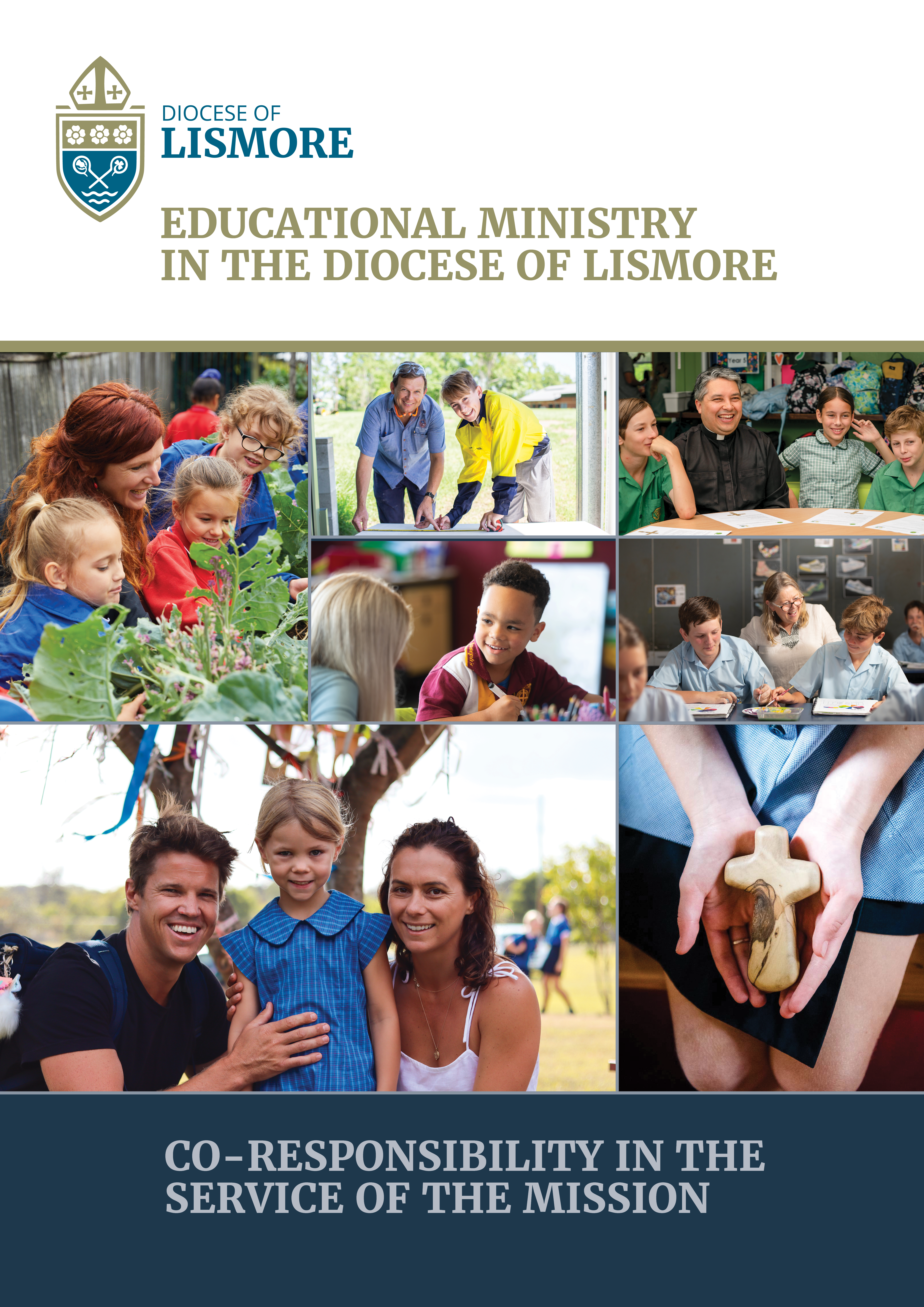 A set of 9 images showing students, teachers, priests and families